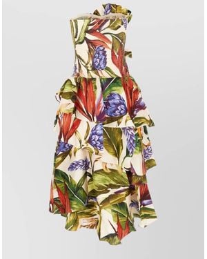 FARM Rio Floral Strapless Cotton Dress Smocked Bodice - White