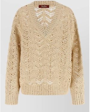 Max Mara Felino Knit Top Long Sleeve V Neckline - Natural