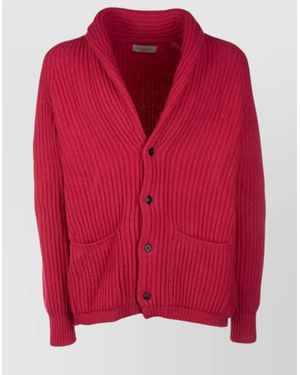 Laneus Collar Shawl Ribbed Texture Front Pockets - Red