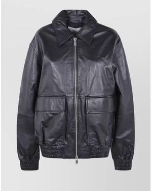 Studio Nicholson Leather Bomber Jacket Collared Design - Blue