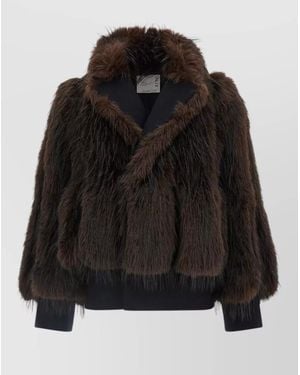 Sacai Wool Cropped Coat With Fur Inserts - Black