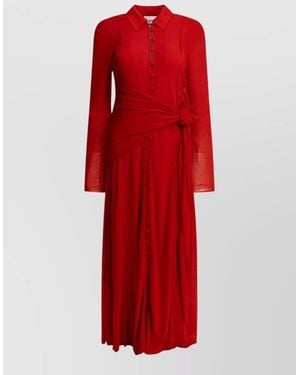 Ganni Long Dress Waist Tie Button Detail - Red