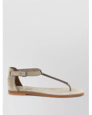 Brunello Cucinelli Suede T-Strap Flat Sandals - Natural