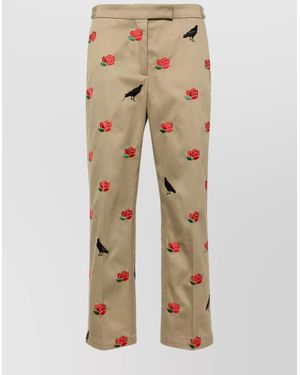 Thom Browne Cotton Embroidered Mid-Rise Tapered Cropped Trousers - Natural