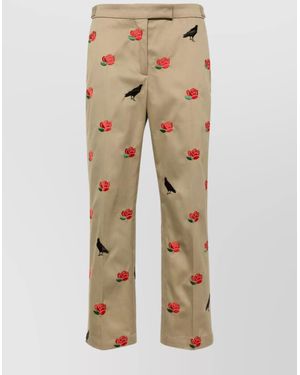 Thom Browne Cotton Embroidered Mid-Rise Tapered Cropped Trousers - Natural