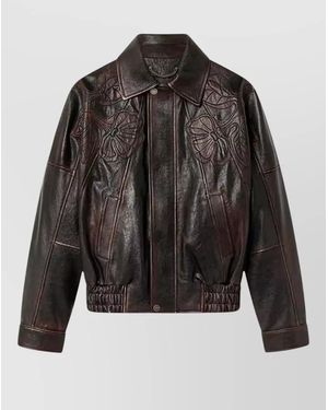 Golden Goose Leather Floral-Embroidered Bomber Jacket - Black