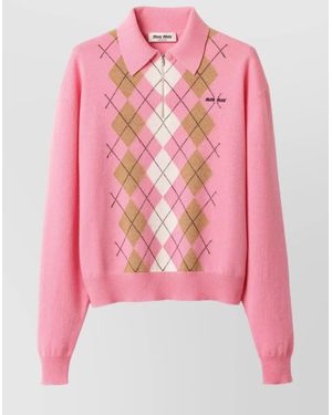 Miu Miu Argyle Pattern Polo With Ribbed Cuffs And Hem - Pink