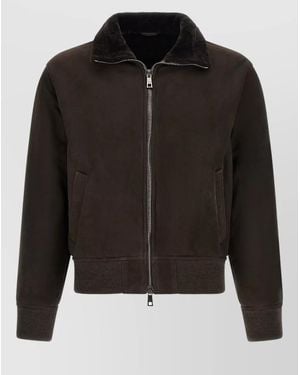 Giorgio Brato Suede Bomber Jacket Shearling Collar Ribbed Trims - Black