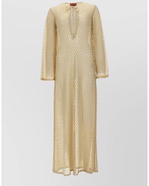 Missoni Maxi Beach Dress Long Sleeves Sheer Tie Neckline - Natural