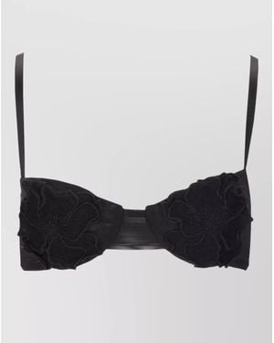 Elisabetta Franchi Bra Top Sheer Back Floral Applique Straps - Black