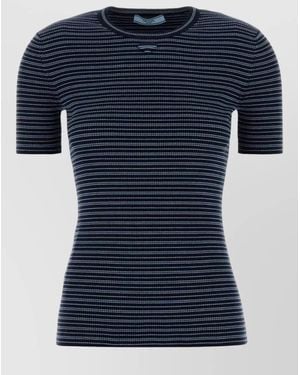 Prada Cotton Knit Crew Neck Striped T Shirt - Blue