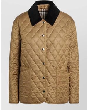 Burberry Quilted Jacket Contrast Collar Front Pockets - Brown