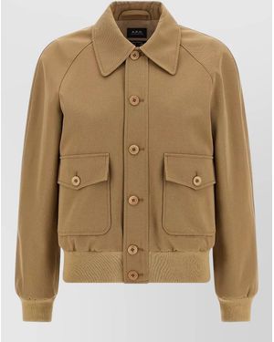 A.P.C. Cotton Wool Jacket Collar Pockets Ribbed Trim - Natural