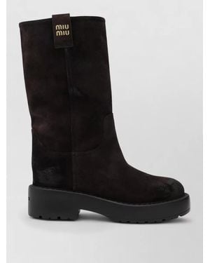 Miu Miu Mid Calf Platform Boots Suede Finish - Black