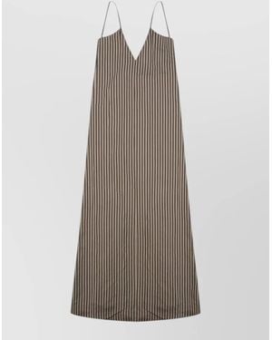 Alysi Striped Long Dress Adjustable Straps V Neckline - Brown