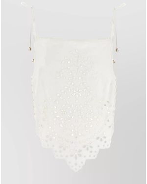 Self-Portrait Embroidered Cotton Tie-Strap Tank Top - White