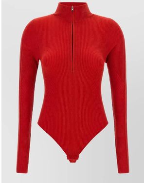Perfect Moment Ribbed Wool Blend High Neck Long Sleeve Bodysuit - Red