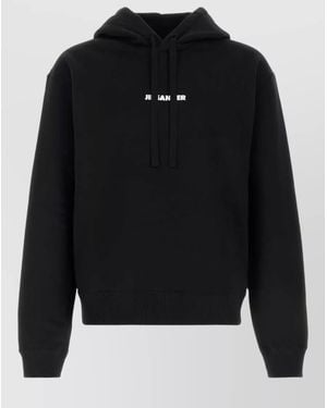 Jil Sander Cotton Hooded Sweatshirt Ribbed Cuffs Hem - Black