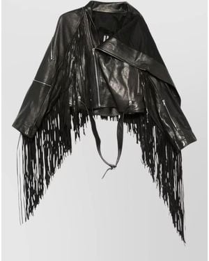 Rick Owens Leather Jacket Belted Waist Fringe Detailing - Black