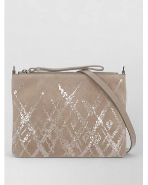 Panicale Leather Pochette Sequin Front Top Handle Strap - Brown