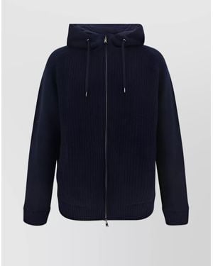 Herno Wool Reversible Hooded Ribbed Knit Cardigan Jacket - Blue