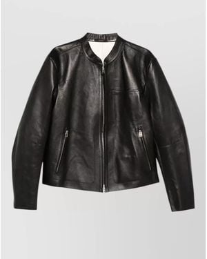 Tom Ford Leather Biker Jacket Mandarin Collar Zip Pockets - Black