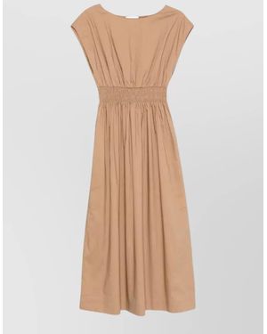 Roberto Collina Cotton Midi Dress Gathered Waist Sleeveless - Brown