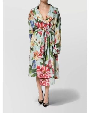 Dolce & Gabbana Floral Silk Wrap Midi Dress Belted - White