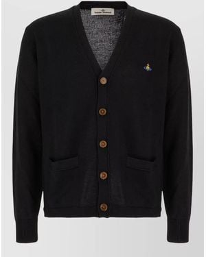 Vivienne Westwood Cotton Cardigan V Neckline Ribbed Trims - Black