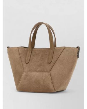 Brunello Cucinelli Suede Shoulder Bag Structured Shape Handles - Natural
