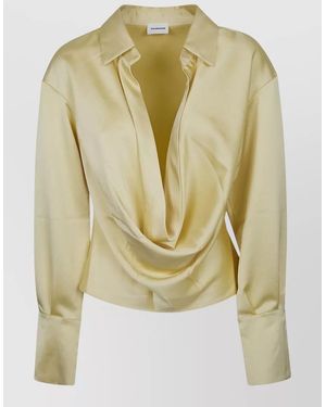 ANDAMANE Satin Deep V-Neck Long-Sleeve Blouse - Metallic