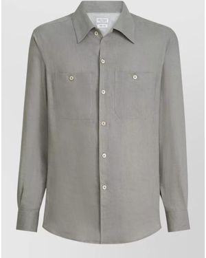 Brunello Cucinelli Linen Shirt Easy Fit Long Sleeves Pockets - Grey