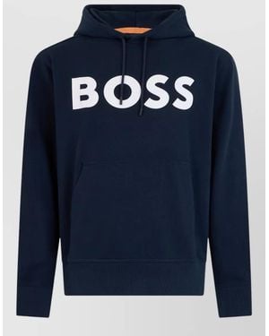 BOSS Relaxed Cotton Hoodie High Collar Kangaroo Pocket - Blue