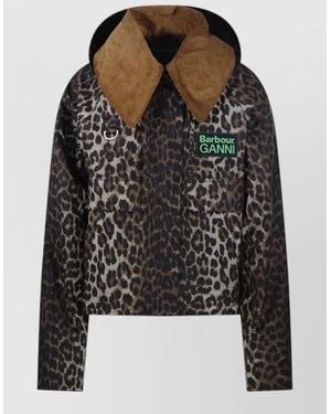 Barbour Hooded Jacket Animal Print Corduroy Collar - Black