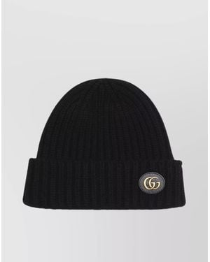 Gucci Victor Ribbed Knit Leather Cuff Hat - Black