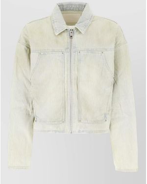 Purple Striped Jacket Long Sleeves Chest Pockets Collar - White
