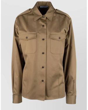 Prada Shirt Jacket Chest Pockets Epaulettes Collar - Natural