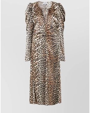 Ganni Leopard Print Ruched V-Neck Midi Dress - Natural