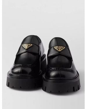 Prada Brushed Leather Loafers Rubber Sole Logo - Black
