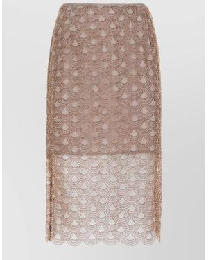 ROTATE BIRGER CHRISTENSEN Sheer Overlay Skirt Embellished Design Scalloped Hem - Natural