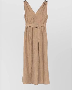 Brunello Cucinelli V-Neck Belted Midi Dress - Natural
