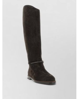 Brunello Cucinelli Suede Knee High Boots Block Heel - Black