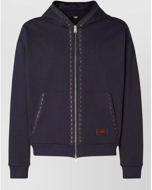Fendi Hooded Zip Jacket Ribbed Cuffs Hem Pockets - Blue