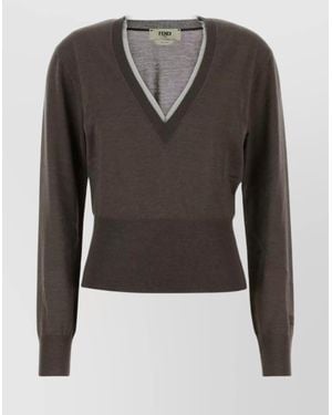 Fendi Cashmere Blend Sweater Featuring Contrast Trim - Gray