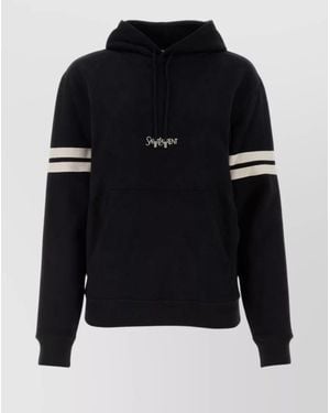Saint Laurent Hooded Stretch Cotton Sweatshirt With Ribbed Cuffs - Blue