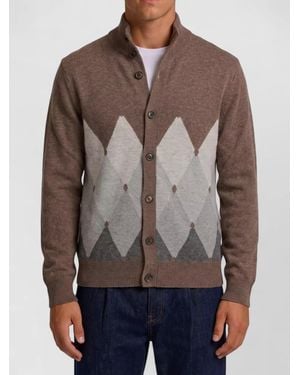 Ballantyne Cashmere Ribbed Collar Diamond Cardigan - Brown
