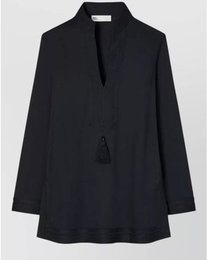 Tory Burch Cotton Voile Tunic Tassels Side Slits - Black