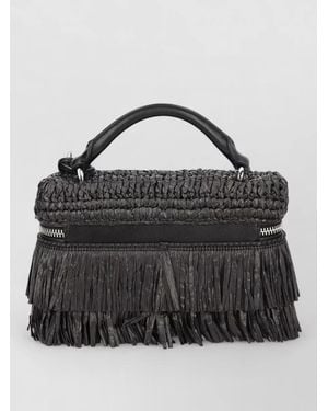 Michael Kors Shoulder Bag Woven Texture Fringe Top Handle - Black