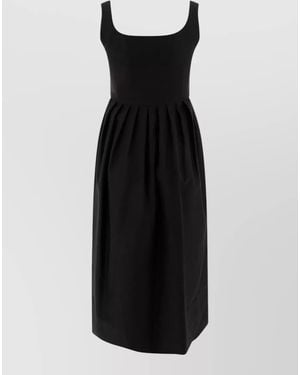 Sandbeige Midi Dress Pleated Skirt Square Neckline - Black