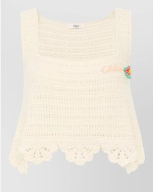 Chloé Crochet Top Square Neckline Floral Detail - Natural